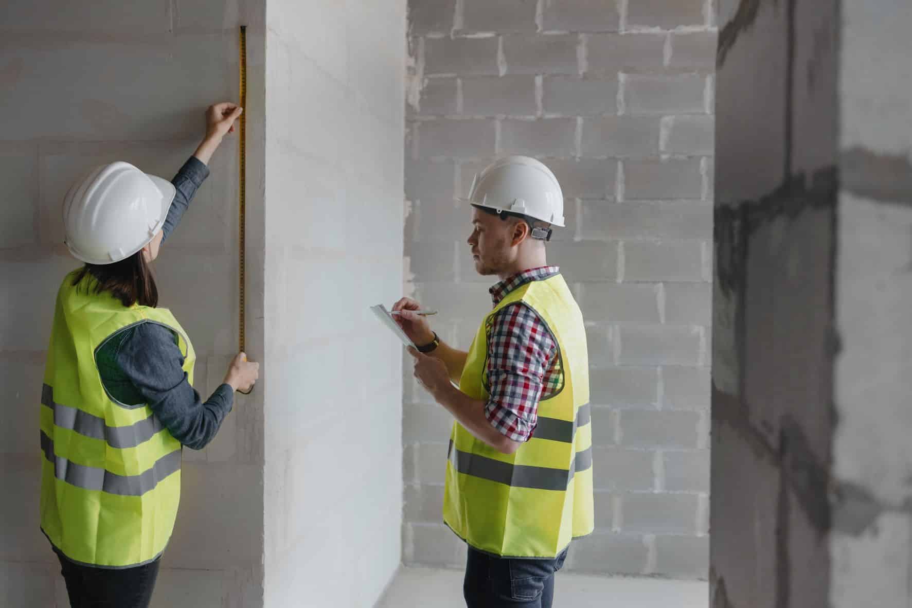 Illustration pour l'article Plan de prévention en entreprise : pourquoi, quand et comment le rédiger ? Cette image montre deux travailleurs portant des casques jaunes qui travaillent côte à côte sur un site de construction.